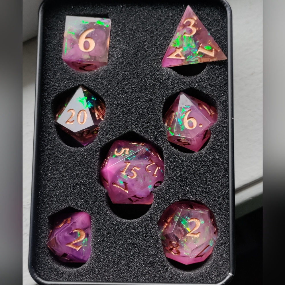 NEW Pink and Green Dice Set with Gold Numbers--Case Included
